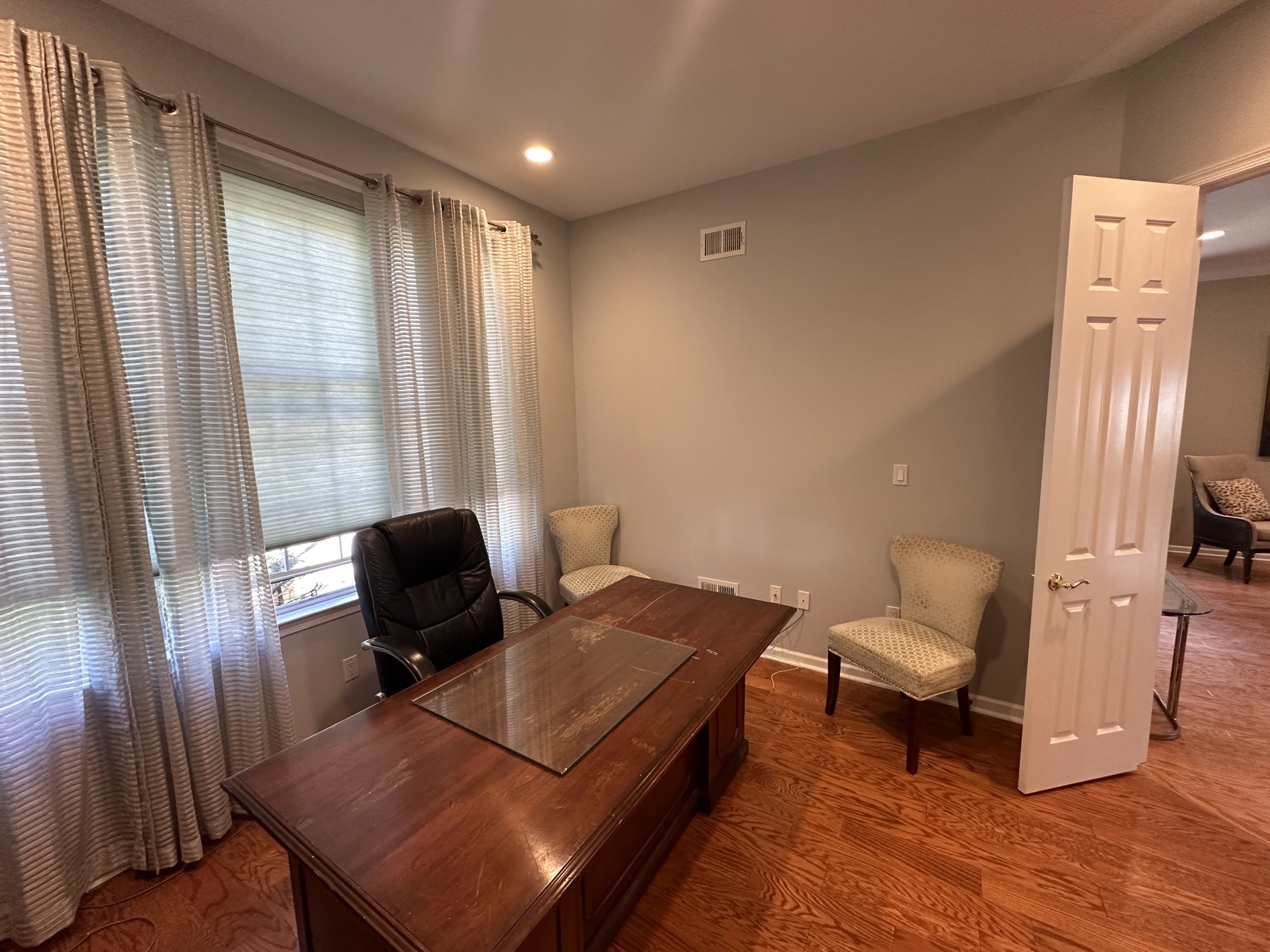 Soft gray home office with white trim by J&B Painting